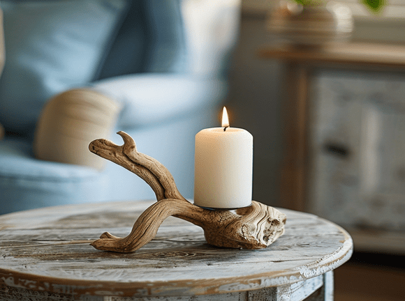 a_room_with_a_basic_simple_driftwood_candle_holder__on a table